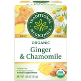 Traditional Medicinals Ginger & Chamomile tea box front showing organic blend and design for shopping