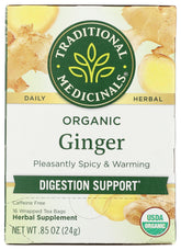 Traditional Medicinals Ginger Tea box front signals organic ginger for gentle digestion.