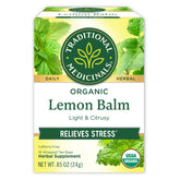 Traditional Medicinals lemon balm tea bags show calming herbal blend for relaxation and digestion.