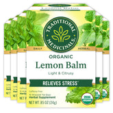Traditional Medicinals Lemon Balm Tea box front shows organic packaging.