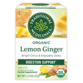 Traditional Medicinals Lemon Ginger Tea packaging shows organic blend for digestive comfort