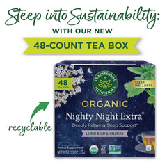 Traditional Medicinals Nighty Night Extra valerian brew steeping to invite relaxation.