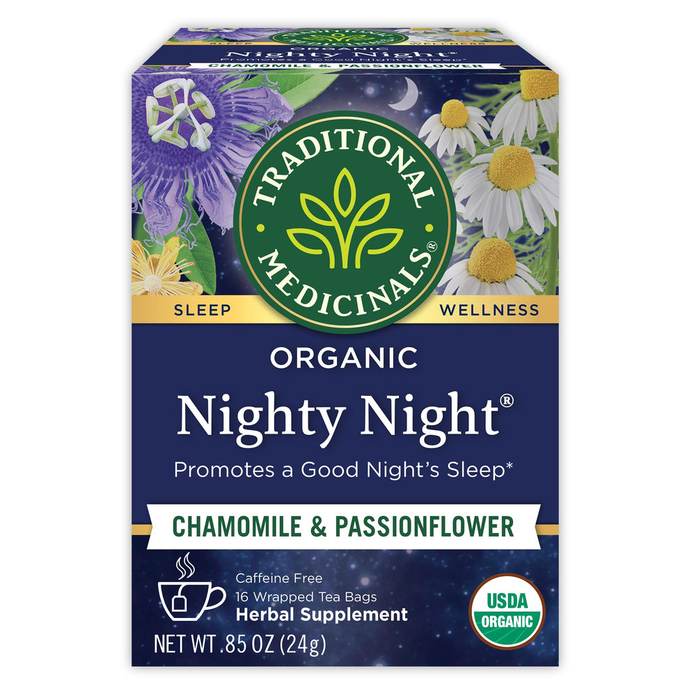 Traditional Medicinals Nighty Night tea cup ready to brew for a calming bedtime ritual