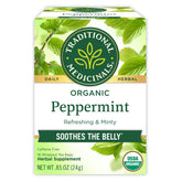 Traditional Medicinals peppermint tea box with organic leaves for a fresh, calming break.