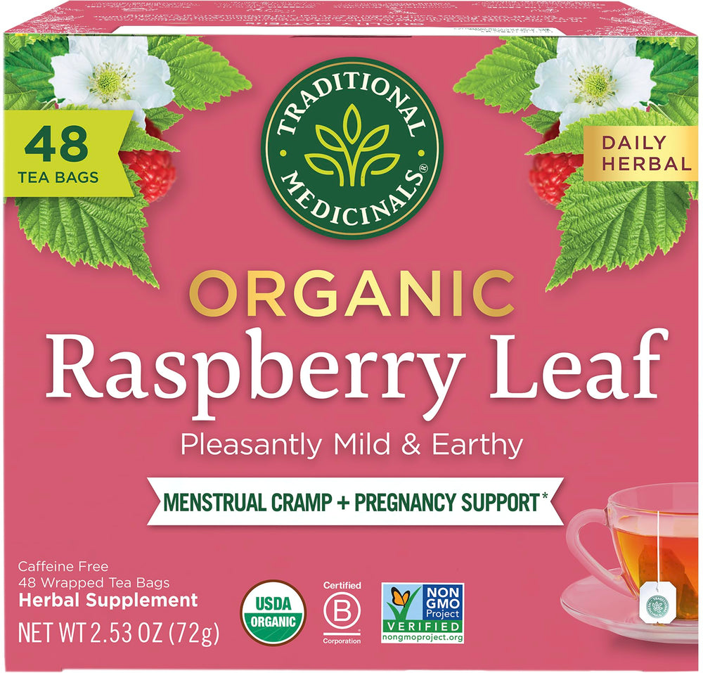 Traditional Medicinals raspberry leaf tea bags package, organic and caffeine-free for daily cycle support.