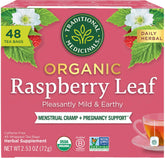 Traditional Medicinals raspberry leaf tea bags package, organic and caffeine-free for daily cycle support.