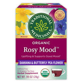 Traditional Medicinals Rosy Mood tea bag steeping for a mood-boosting moment.