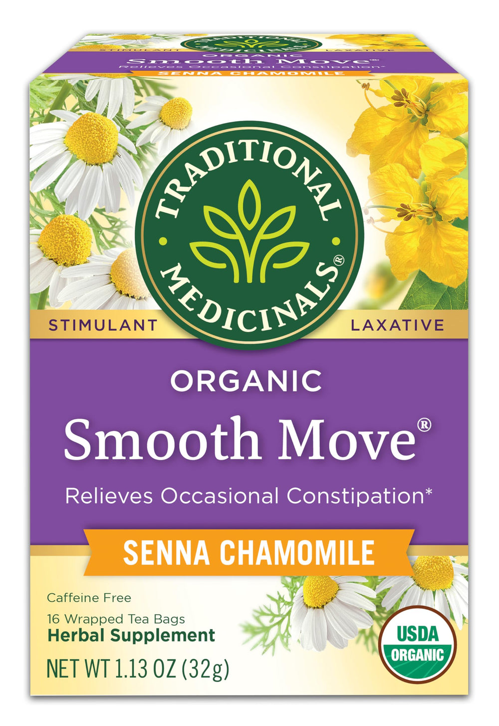 Traditional Medicinals Smooth Move tea bags close-up showing herbal blend for overnight relief