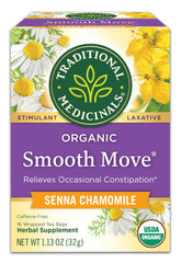 Traditional Medicinals Smooth Move tea bags close-up showing herbal blend for overnight relief