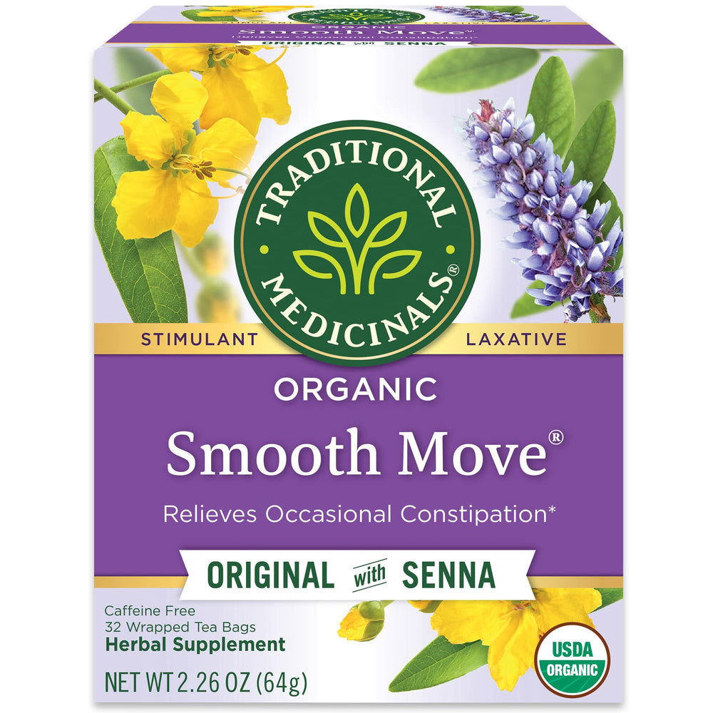 Traditional Medicinals Smooth Move Tea bottle shown for overnight relief.
