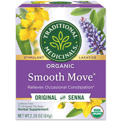 Traditional Medicinals Smooth Move Tea bottle shown for overnight relief.
