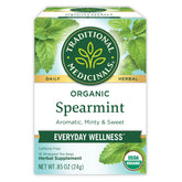 Traditional Medicinals spearmint tea bags ready for a refreshing, caffeine-free moment.