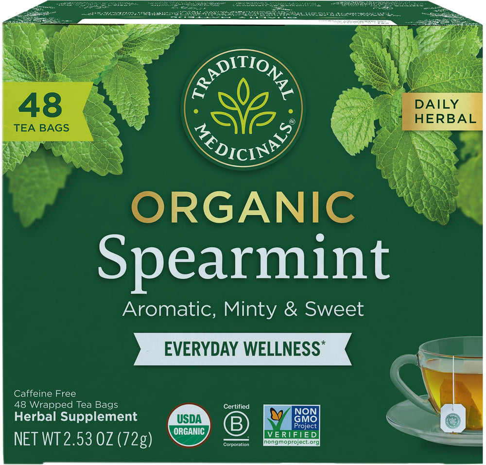 Traditional Medicinals spearmint tea box with refreshing aroma for daily use.