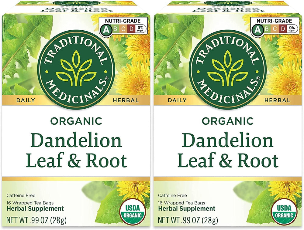 Traditional Medicinals Dandelion Tea box front; organic blend for daily digestion support.