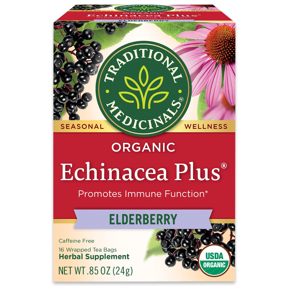 Traditional Medicinals Echinacea Plus Elderberry tea bags with berry aroma for daily immune-support routine.