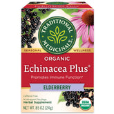 Traditional Medicinals Echinacea Plus Elderberry tea bags with berry aroma for daily immune-support routine.