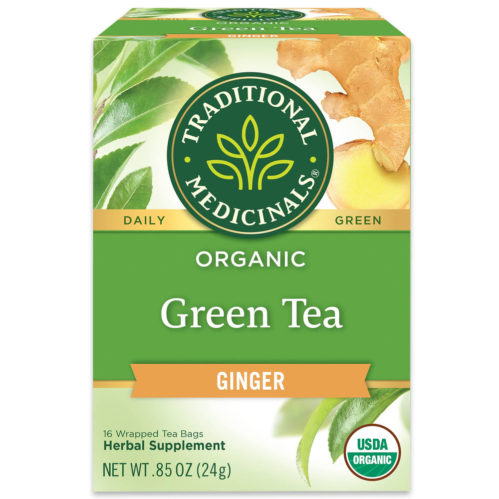 Traditional Medicinals Organic Green Tea Ginger bags ready for a gentle digestion-friendly cup.