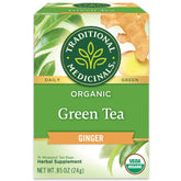 Traditional Medicinals Organic Green Tea Ginger bags ready for a gentle digestion-friendly cup.