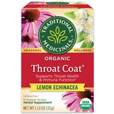 Traditional Medicinals Throat Coat Lemon Echinacea tea in a cup for throat comfort.