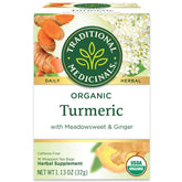 Traditional Medicinals turmeric tea with ginger and meadowsweet in a cup with a warm, earthy aroma.