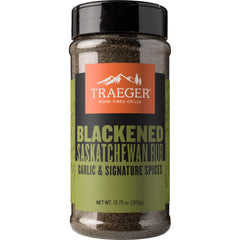 Traeger Blackened Saskatchewan Rub jar front showcases bold spice for grilling.