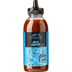 Traeger Meat Church Holy Cola 16oz bottle ready for rib and chicken glaze.