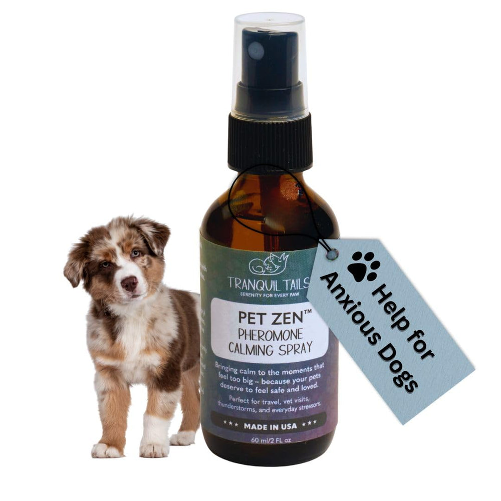 Tranquil Tails Pet Zen spray bottle promotes calm for dogs during travel