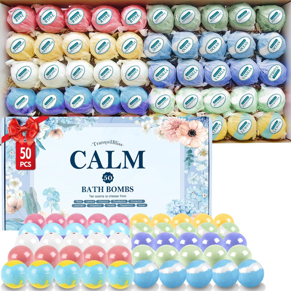 TranquilBliss gift box with 50 bath bombs, ideal for a relaxing present.