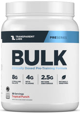 Transparent Labs Bulk Pre-Workout Tropical Punch tub on shelf signals clean energy support.