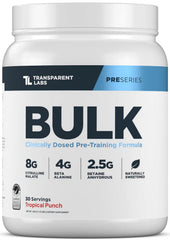 Transparent Labs Bulk Pre-Workout Tropical Punch tub on shelf signals clean energy support.
