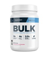 Transparent Labs Bulk Pre-Workout bottle in strawberry lemonade flavor boosts focus and endurance.