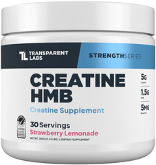 Transparent Labs Creatine HMB bottle closeup highlights premium strength support for workouts.