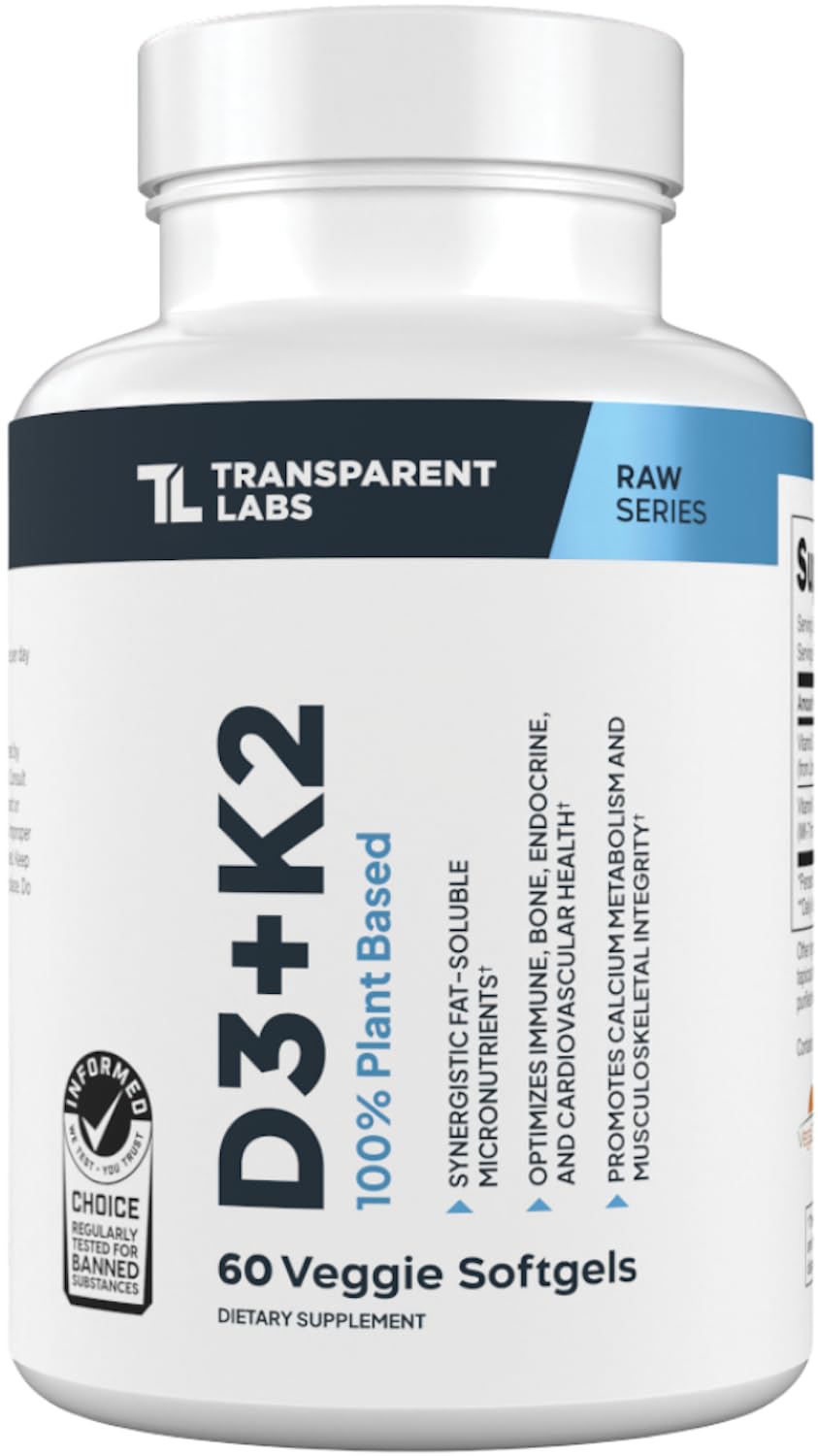 Transparent Labs D3K2 bottle closeup highlighting vegan capsules for bone and immune support.
