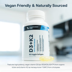 Transparent Labs D3K2 bottle with ingredient highlights supporting vegan wellness.