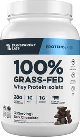 Transparent Labs grass-fed whey isolate dark chocolate powder in a jar for high-protein fueling.