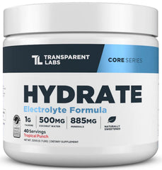 Transparent Labs Hydrate Tropical Punch powder tub front for clean hydration.