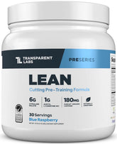 Transparent Labs Lean Pre-Workout blue raspberry bottle boosts clean energy for workouts.
