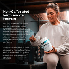 Transparent Labs Stim-Free Pre-Workout Tropical Punch bottle beside glass showing mix-ready powder.