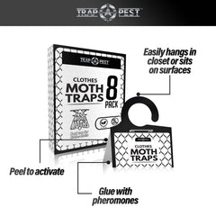 TRAP A PEST pheromone attractant image communicates targeted moth control for wool and fur.