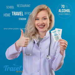 Travel Wipes seventy percent alcohol formula for quick sanitation.
