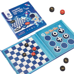 Travofun 2-in-1 board for portable travel checkers and tic-tac-toe on the go.