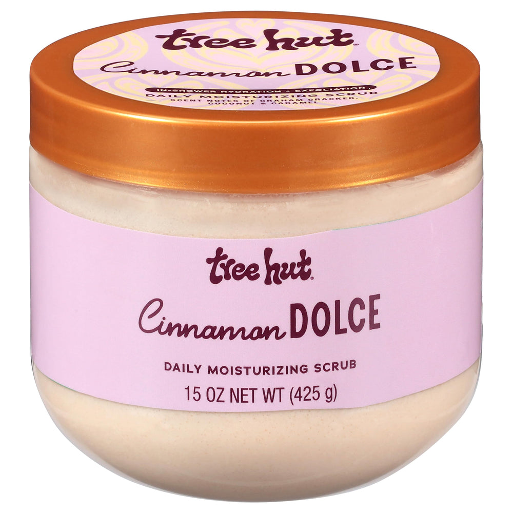 Tree Hut Cinnamon Dolce scrub bottle with foamy pour for gentle exfoliation and moisture.