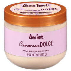 Tree Hut Cinnamon Dolce scrub bottle with foamy pour for gentle exfoliation and moisture.