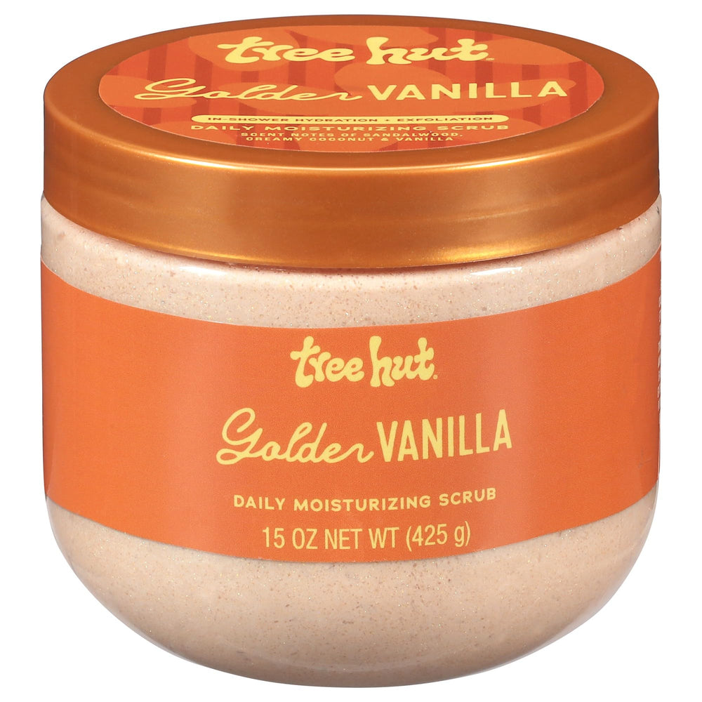 Tree Hut Golden Vanilla Scrub jar close-up showing foamy texture for daily exfoliation