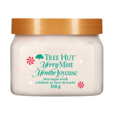 Tree Hut Merry Mint Shea Sugar Scrub jar with sugar crystals for gentle exfoliation.