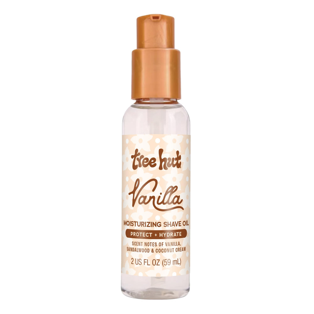 Tree Hut Vanilla Travel Shave Oil bottle offers smooth glide for on-the-go shaving.