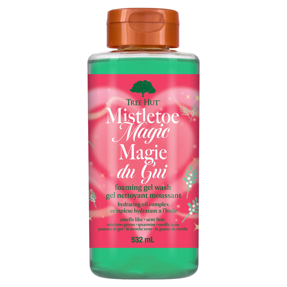 Tree Hut Mistletoe Magic bottle shows mistletoe scent and hydrating formula
