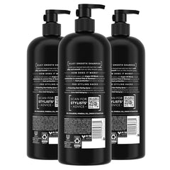 Close-up of TRESemmé Silky Smooth Shampoo bottle emphasizing smoothing results.