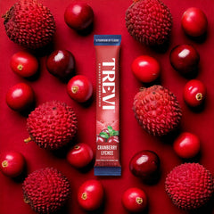 Close-up of TREVI Electrolytes packet highlighting Cranberry Lychee and zero sugar appeal.