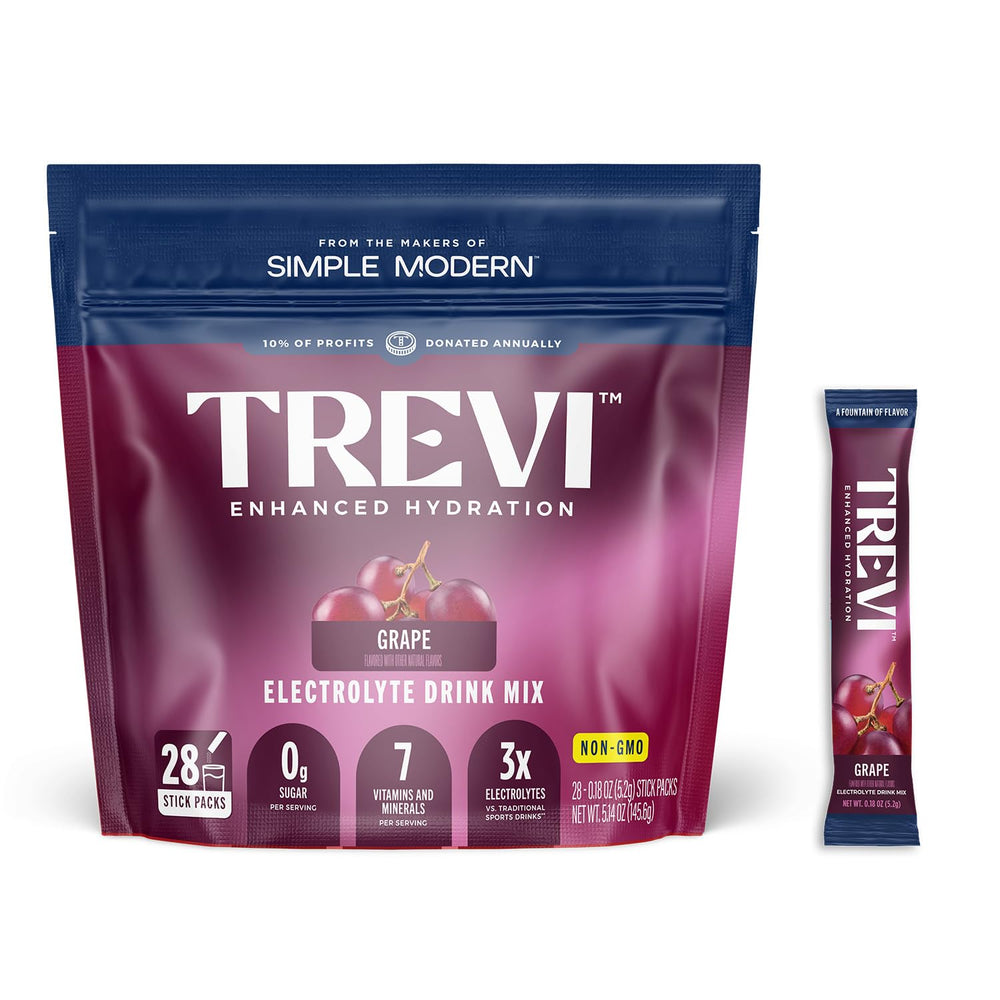 TREVI sugar-free electrolytes grape packet front for on-the-go hydration